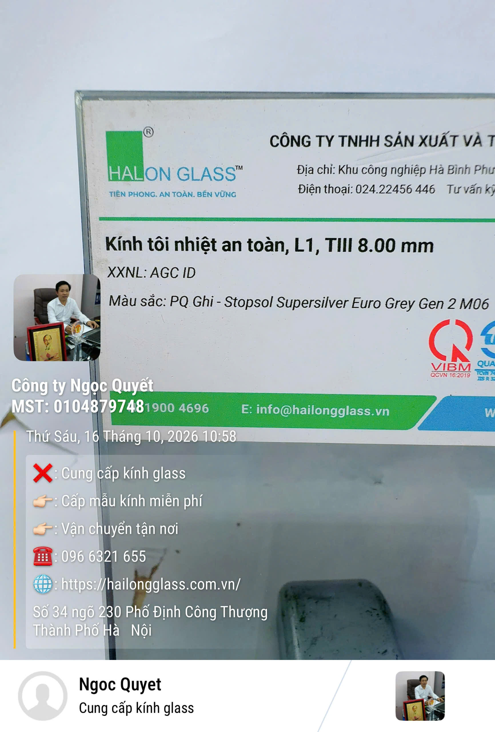 Kính tôi nhiệt an toàn Halong Glass màu xám, độ dày 8 mm, nhãn Stopsal Supersilver Euro Grey Gen 2 M06